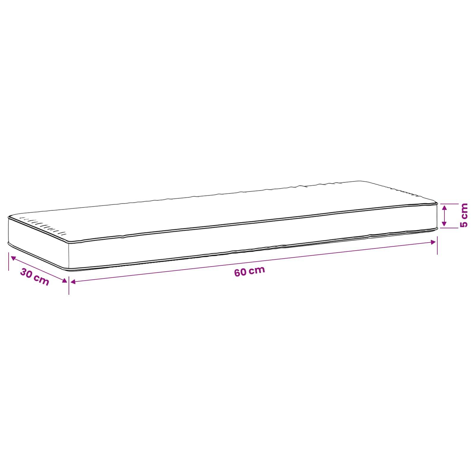 Diagramm eines rechteckigen Kissens oder einer Matratze mit den Maßen 60 cm Länge, 30 cm Breite und 5 cm Dicke.