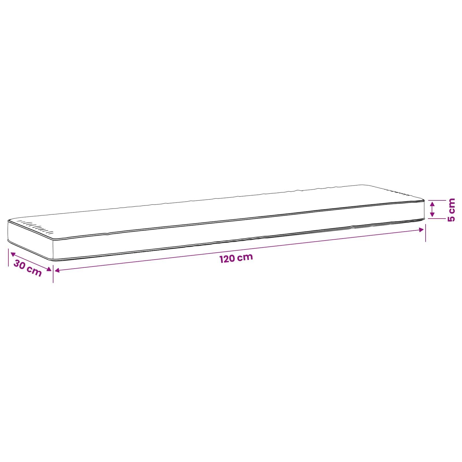 Diagramm einer rechteckigen Matratze mit den Abmessungen: 120 cm lang, 30 cm breit und 5 cm dick.
