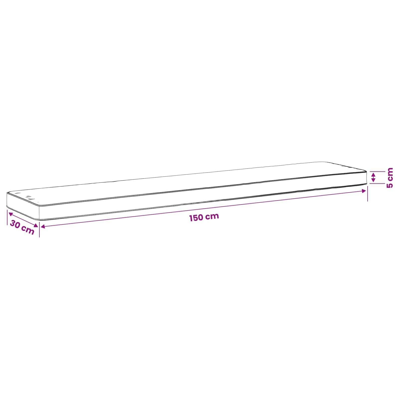 Diagramm einer langen rechteckigen Matratze oder eines Kissens mit den Maßen 150 cm lang, 30 cm breit und 5 cm dick.