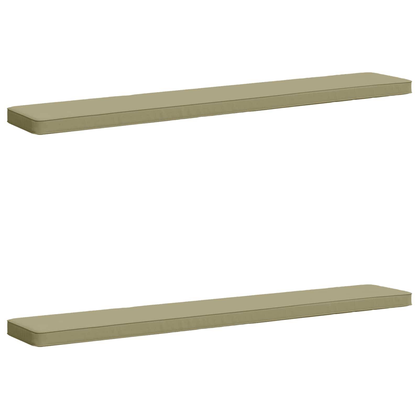 Zwei lange beige rechteckige Regale oder Wandregale ohne sichtbare Befestigung, die auf weißem Hintergrund übereinander angebracht sind.