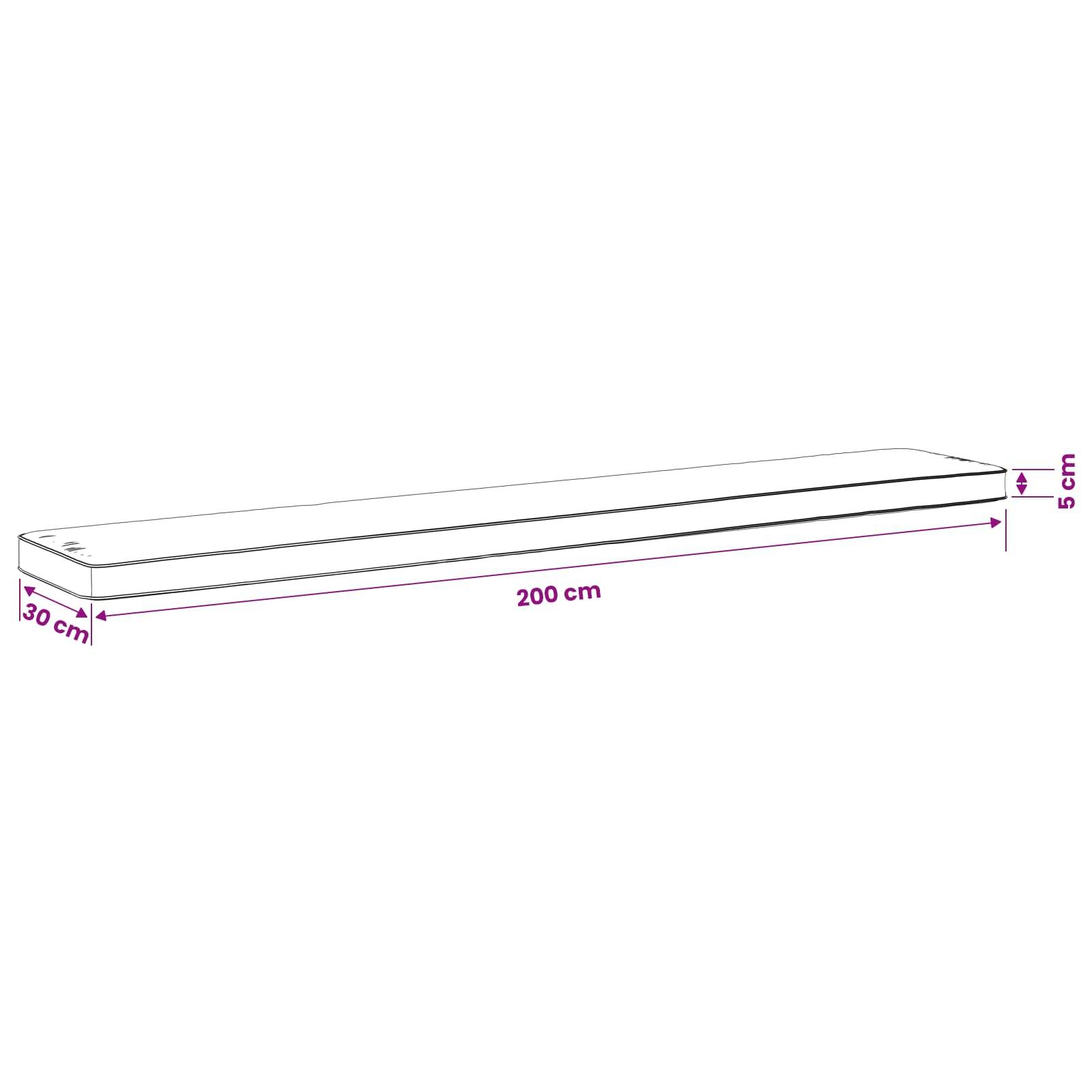 Dünne rechteckige Matratze oder Auflage mit beschrifteten Abmessungen von 200 cm Länge, 30 cm Breite und 5 cm Höhe.