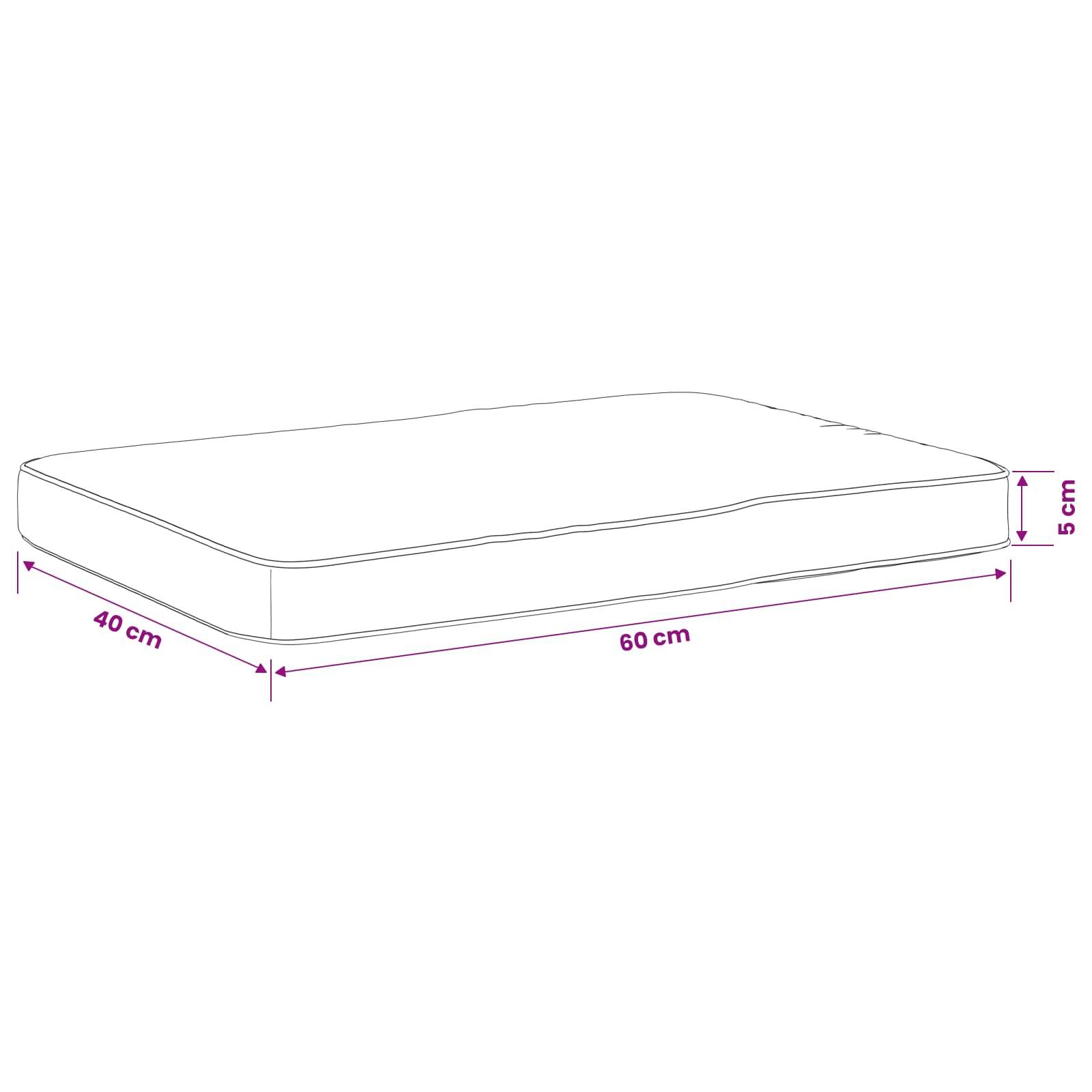 Diagramm eines rechteckigen Kissens oder einer Matratze mit Beschriftung der Abmessungen: 60 cm lang, 40 cm breit und 5 cm hoch.