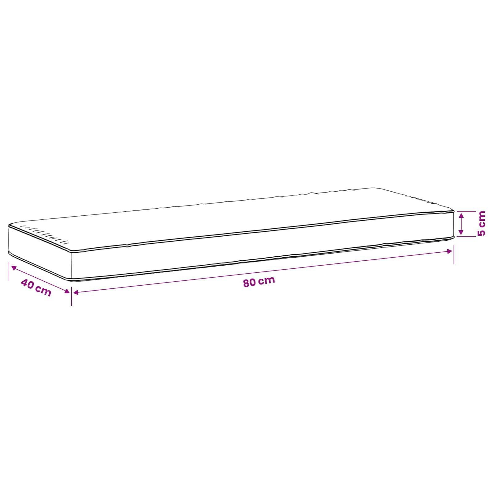Illustration eines rechteckigen Matraze oder Kissens mit den Maßen 80 cm Länge, 40 cm Breite und 5 cm Dicke.
