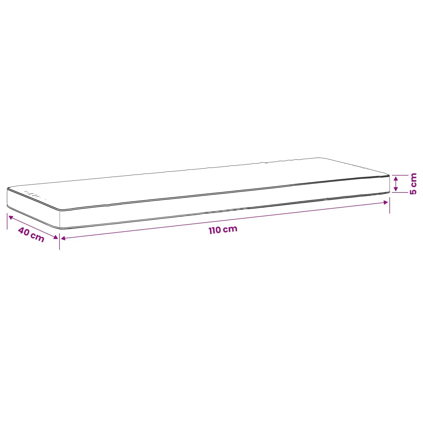 Diagramm eines rechteckigen Kissens oder einer Matratze mit den Maßen 110 cm Länge, 40 cm Breite und 5 cm Dicke.