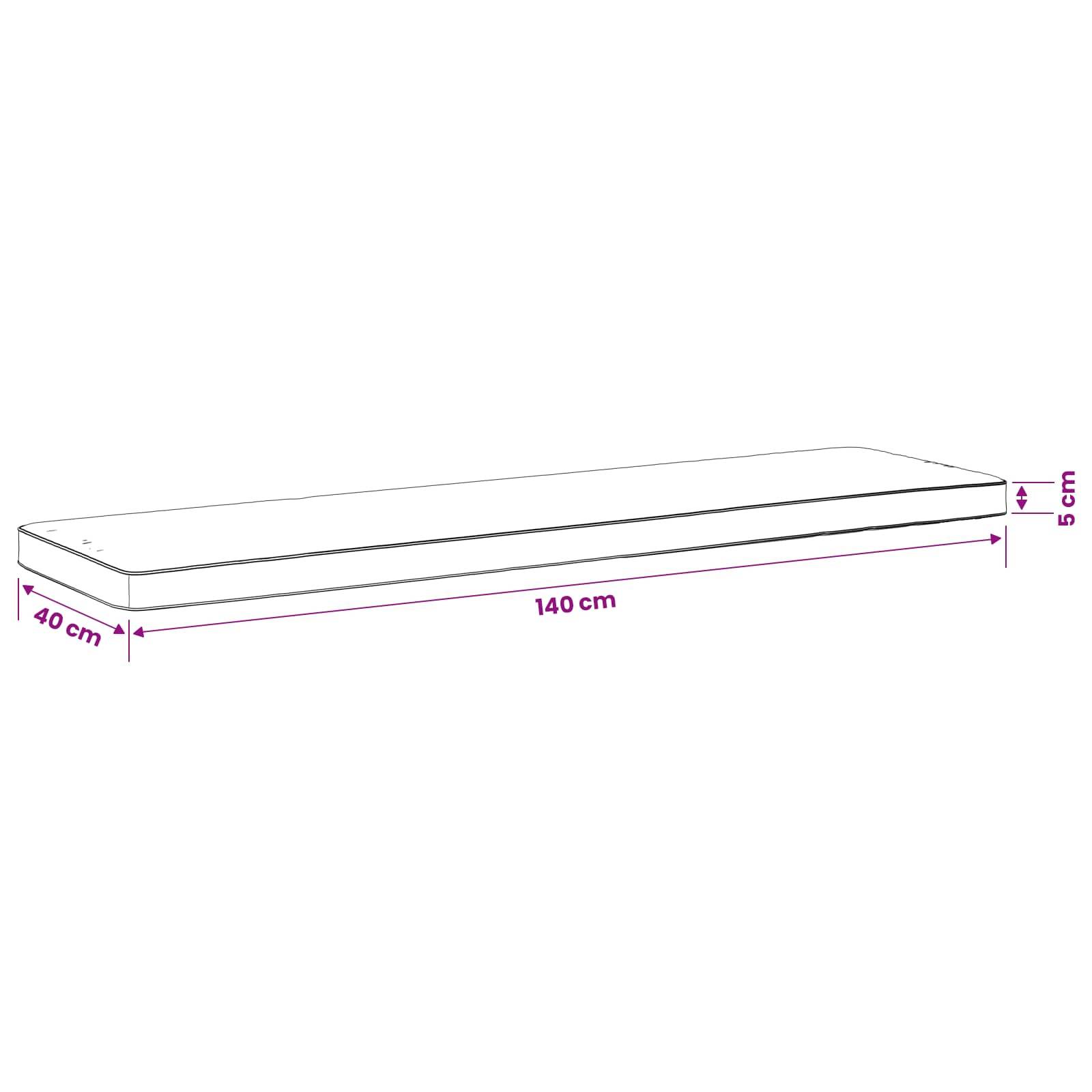 Illustration einer rechteckigen Matratze oder eines Kissens mit einer Länge von 140 cm, einer Breite von 40 cm und einer Dicke von 5 cm.