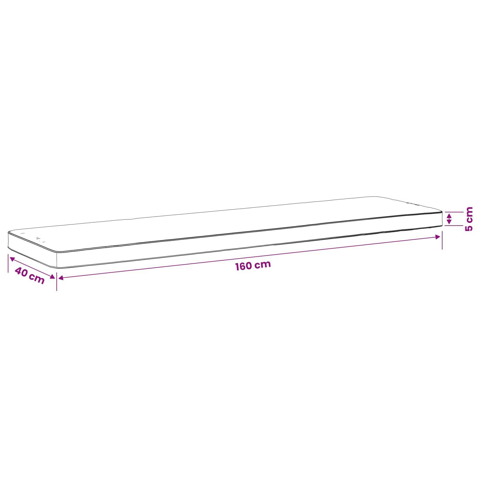 Darstellung einer rechteckigen Matratze oder eines Kissens mit den Maßen 160 cm Länge, 40 cm Breite und 5 cm Dicke.