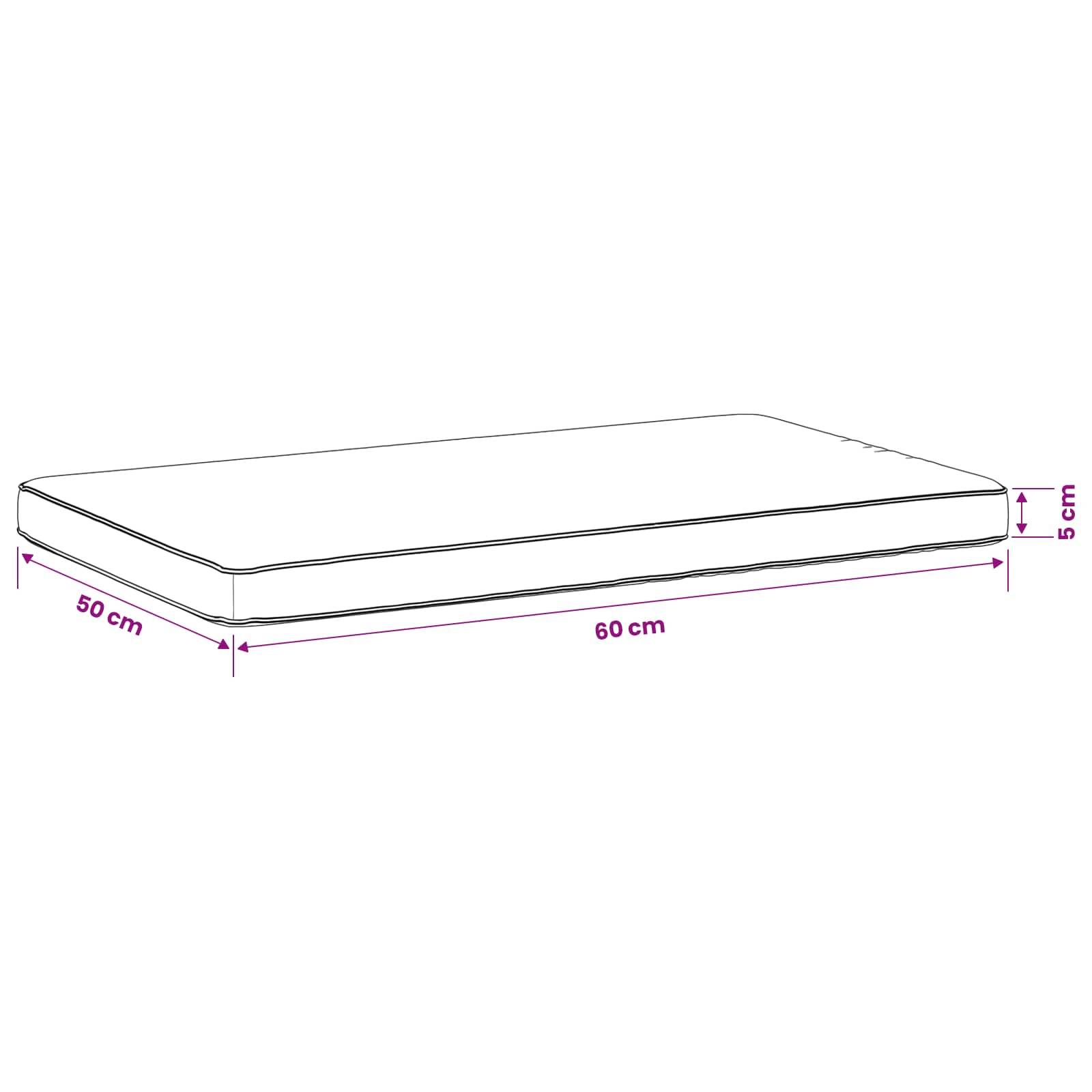 Rechteckiges Kissen oder Matratze in Perspektive dargestellt, beschriftet mit 60 cm Länge, 50 cm Breite und 5 cm Dicke.