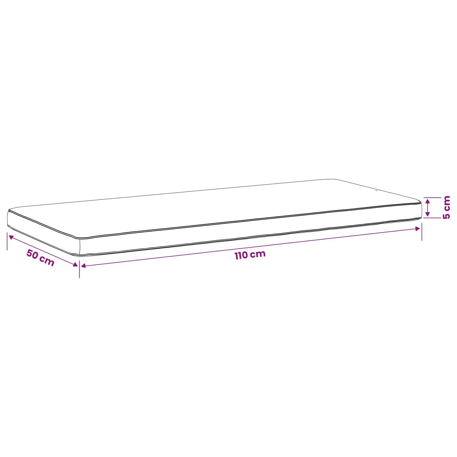 Diagramm einer rechteckigen Matratze oder eines Kissens mit den Abmessungen: 110 cm lang, 50 cm breit und 5 cm dick.