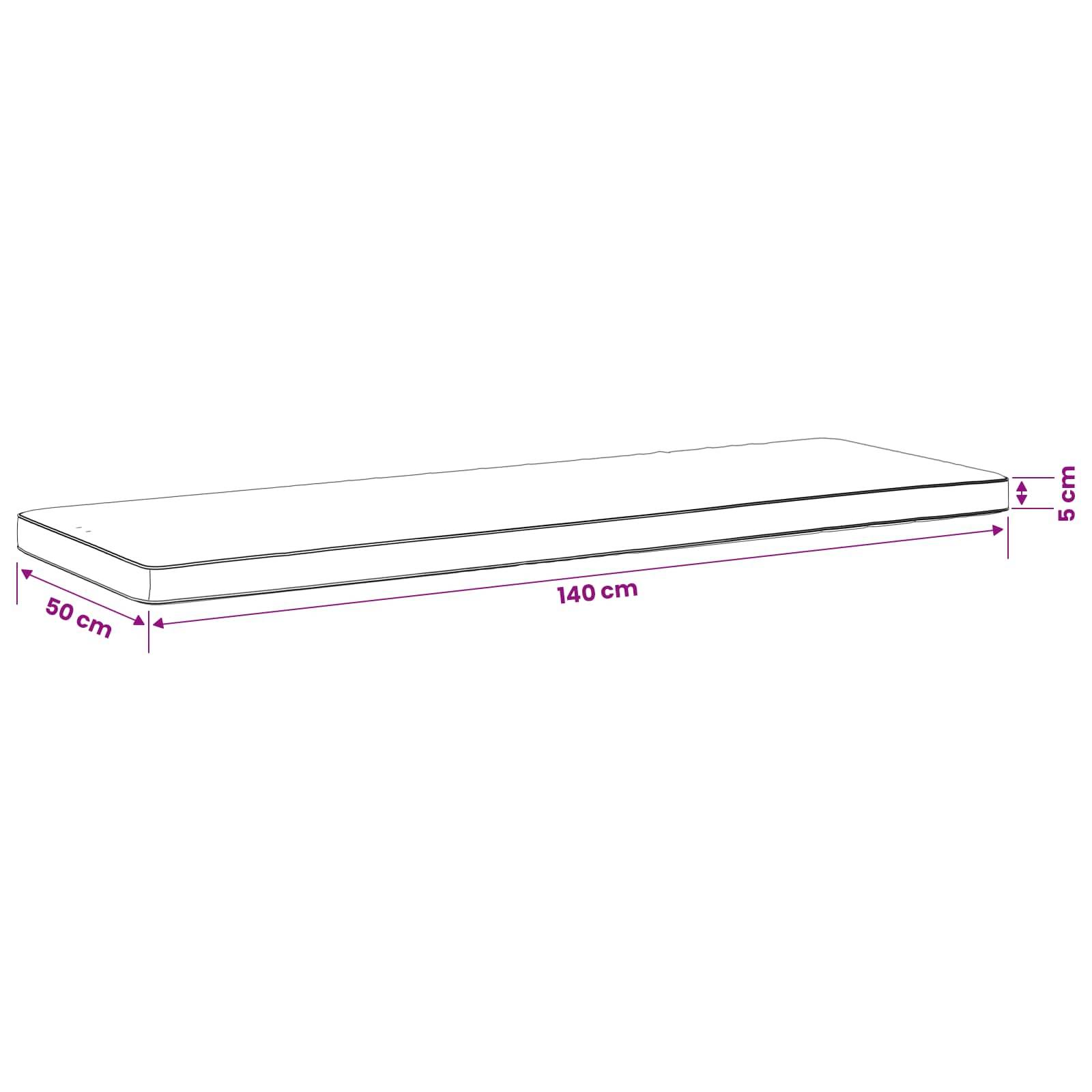 Diagramm eines rechteckigen Kissens oder einer Matratze mit den Abmessungen: 140 cm lang, 50 cm breit und 5 cm dick.