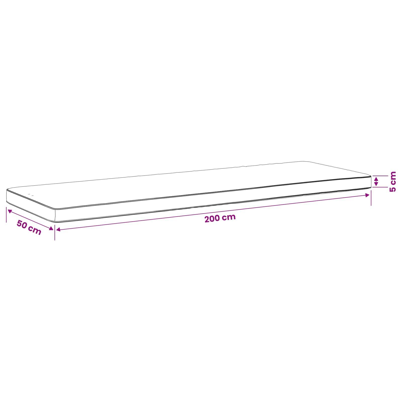 Diagramm einer rechteckigen Matratze mit den Maßen 200 cm Länge, 50 cm Breite und 5 cm Dicke.