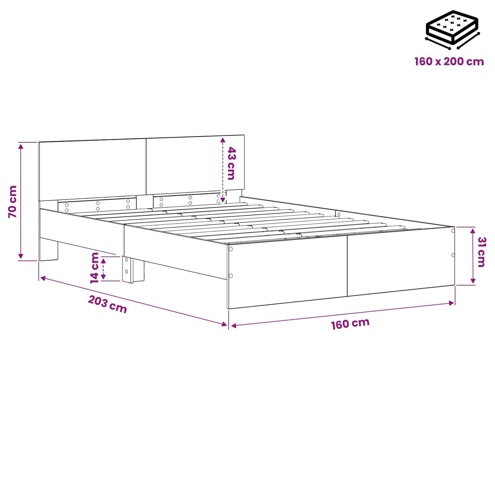 Maßstabbild eines Bettgestells für eine 160 x 200 cm Matratze, das eine Länge von 203 cm, eine Breite von 160 cm, eine Kopfbretthöhe von 70 cm, eine Fußbretthöhe von 31 cm und eine Seitenpaneelhöhe von 43 cm zeigt.