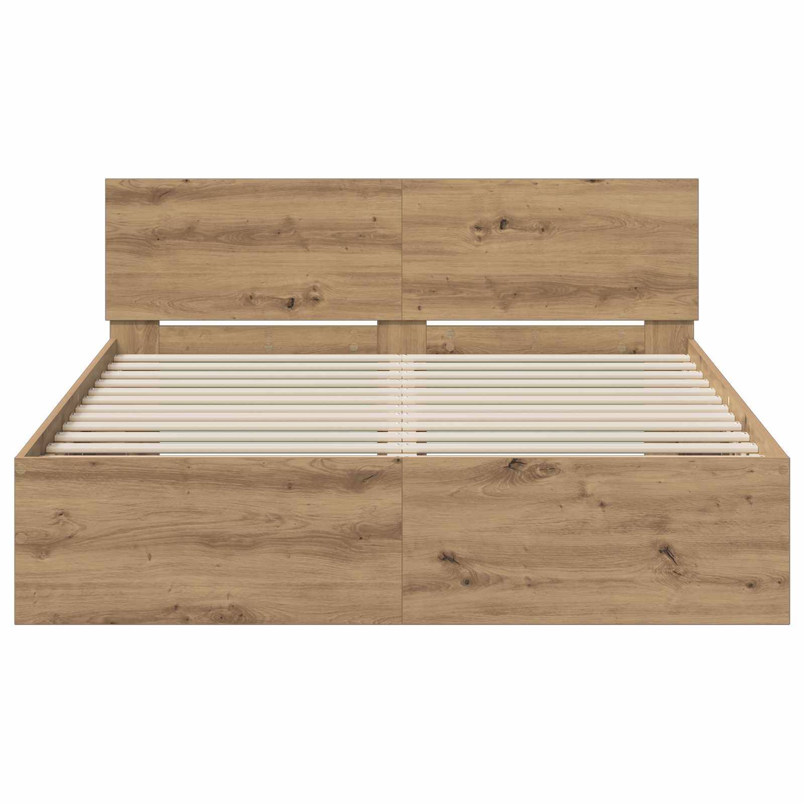 Holzbettrahmen mit Lamellen und Kopfteil, Vorderansicht auf weißem Hintergrund.