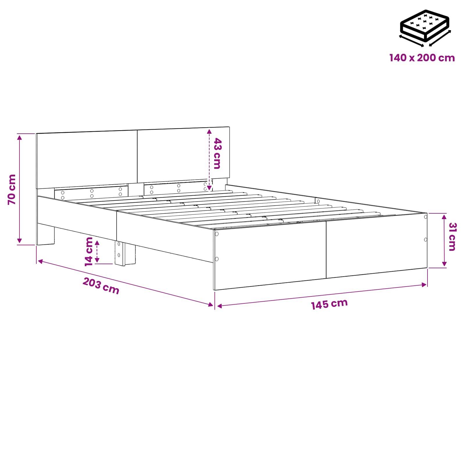 Bemaßtes Diagramm eines Bettrahmens für eine 140 x 200 cm Matratze, das die Gesamtgröße von 203 cm Länge, 145 cm Breite, 70 cm Höhe und 31 cm Fußbretthöhe zeigt.