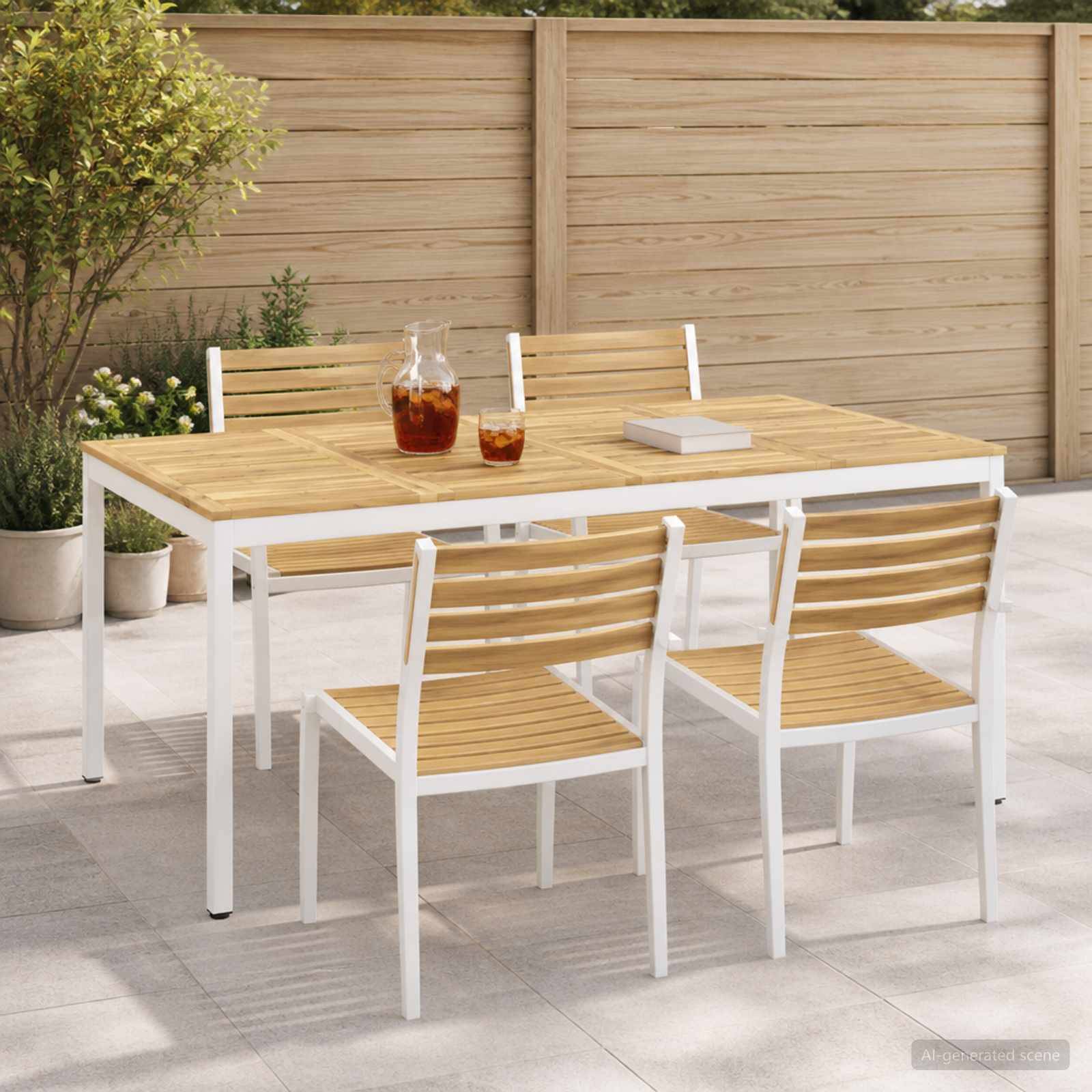 Esszimmer-Set für den Außenbereich mit einem rechteckigen Tisch mit Holzplatte, vier passenden Stühlen und Getränken auf dem Tisch vor einem Holzschutzgitter.