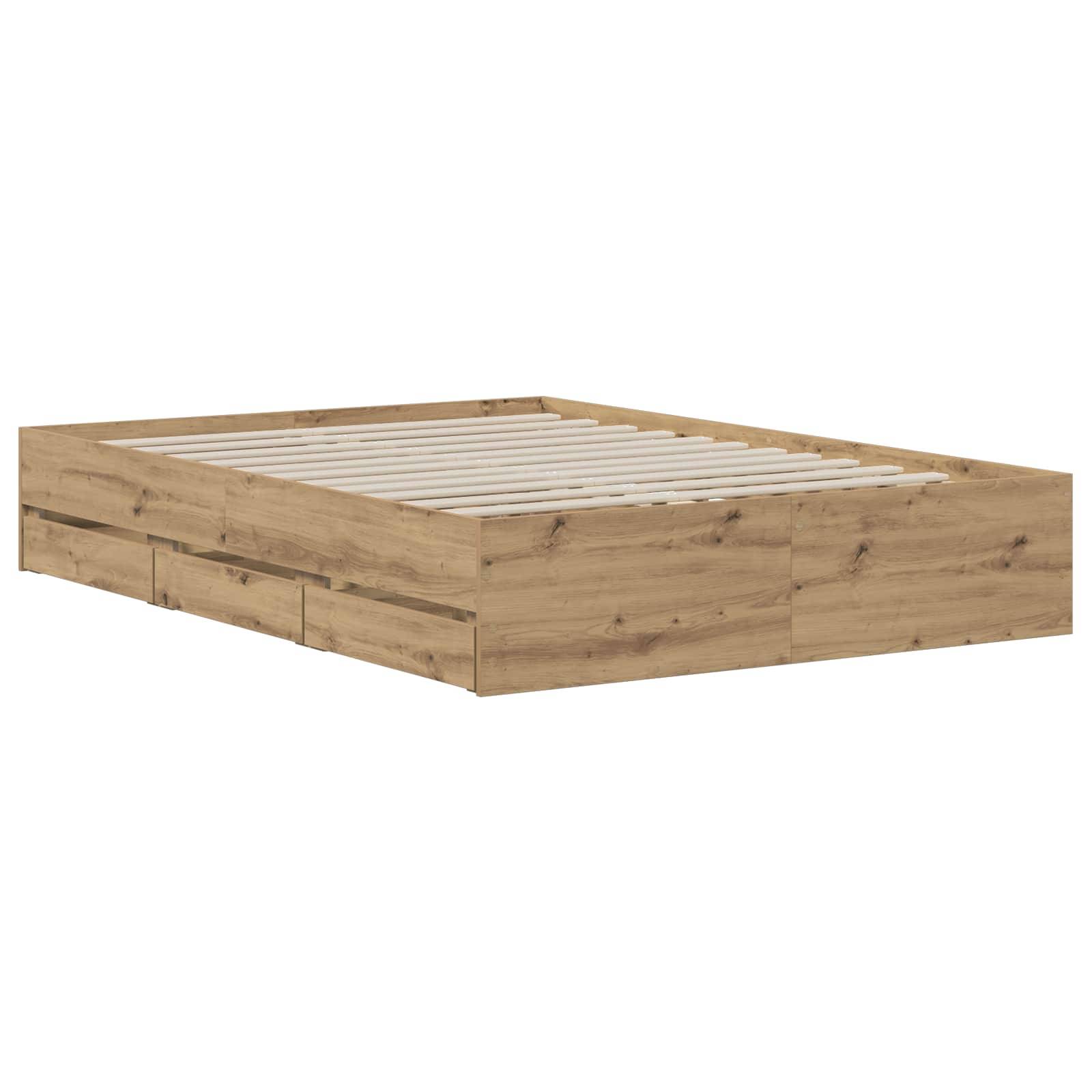 Holzbettrahmen mit Lattenrost und Schubladen zur Aufbewahrung, auf weißem Hintergrund dargestellt.