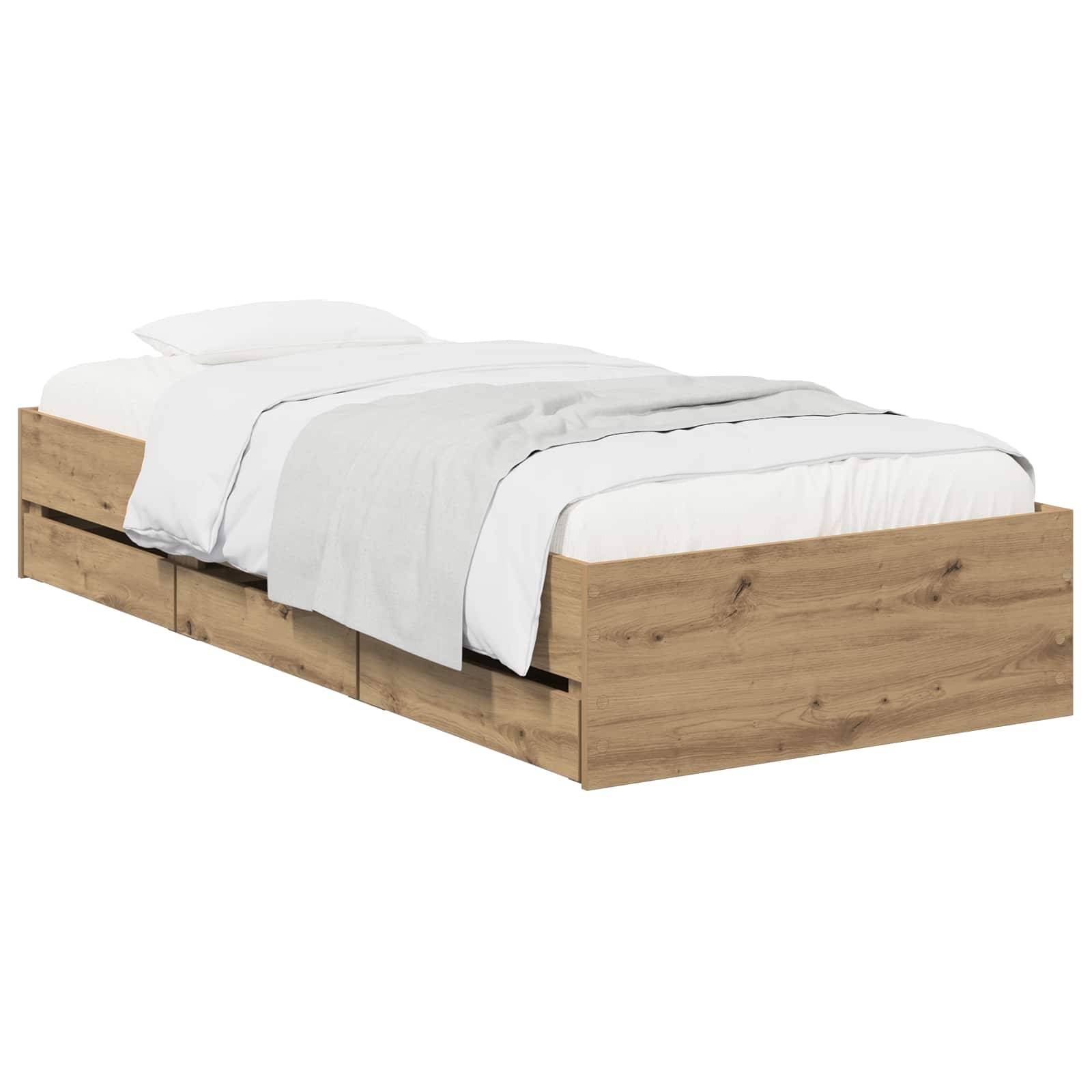 Holzrahmen-Bettgestell mit weißer Bettwäsche und Kissen, shown on a plain white background.