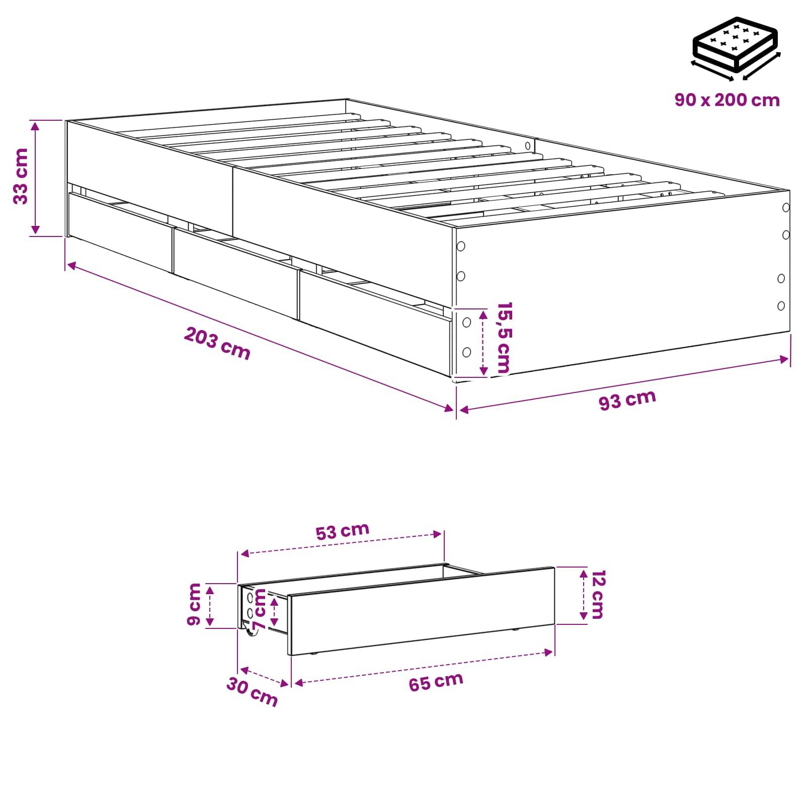 Diagramm eines Bettgestells und einer passenden Schublade mit beschrifteten Abmessungen in Zentimetern: Bett 203 x 93 x 33 cm, Matratze 90 x 200 cm, Schublade 65 x 30 x 12 cm.