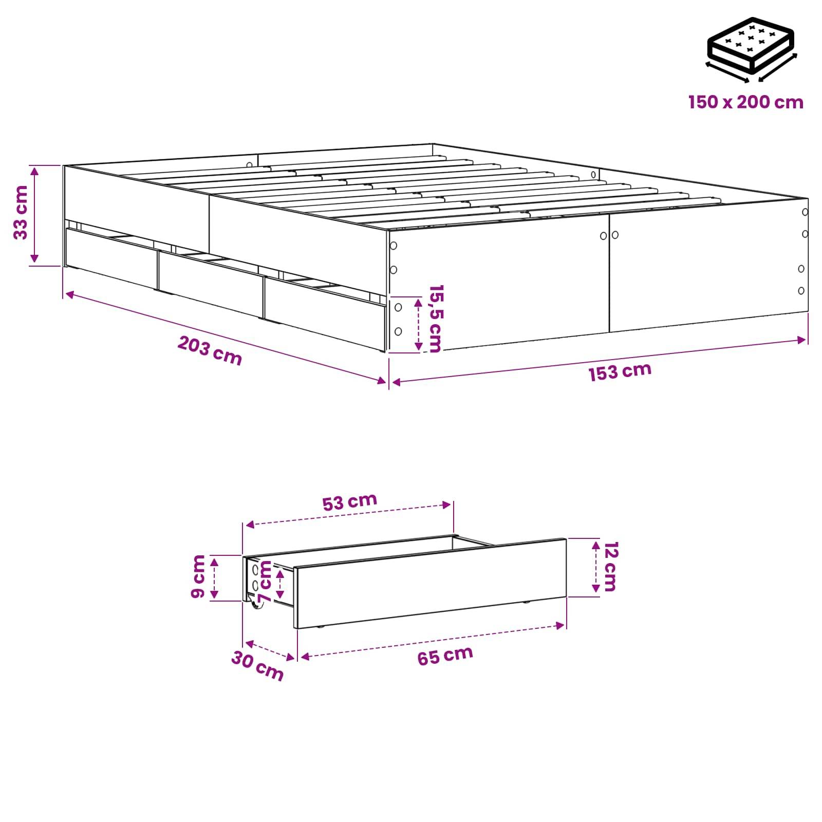 Diagramm eines Bettgestells mit Matratze Größe 150 x 200 cm und beschrifteten Abmessungen: 203 cm lang, 153 cm breit, 33 cm hoch, plus eine Aufbewahrungsbox 65 x 30 x 12 cm.
