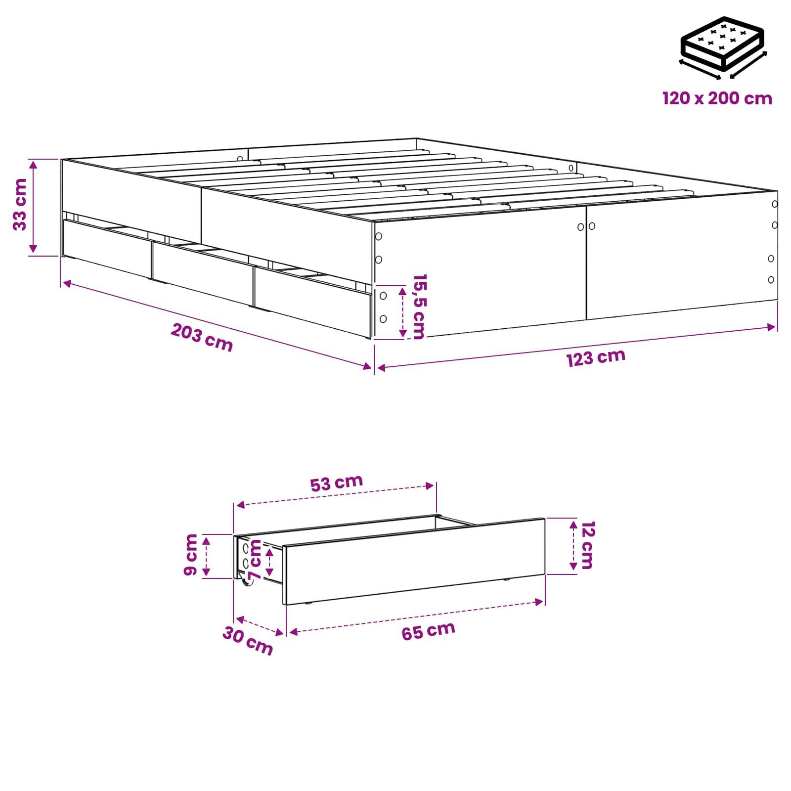 Diagramm eines Bettgestells mit Abmessungen: 203 x 123 x 33 cm für das Bett und 65 x 30 x 12 cm für die Schublade/Lagereinheit; Matratzengröße 120 x 200 cm.