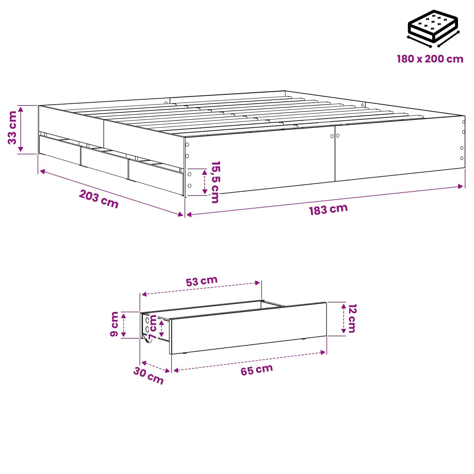 Diagramm eines Bettgestells mit Lattenrost und Unterbettlagerung, mit den Abmessungen 183 x 203 x 33 cm, plus eine Schublade 65 x 53 x 12 cm; passt für eine 180 x 200 cm Matratze.