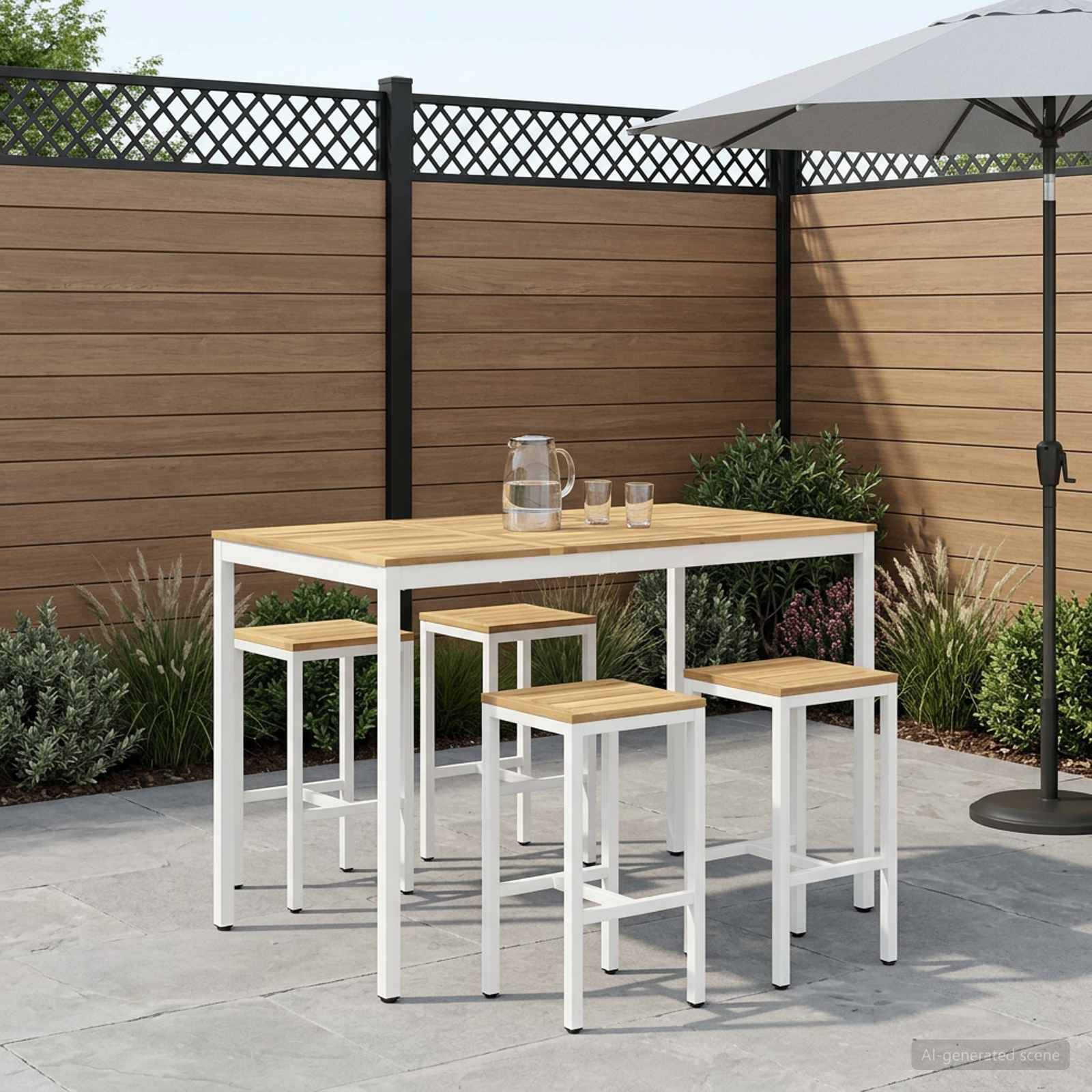 Gartenmöbelset mit rechteckigem Tisch, vier Hockern, einer Kanne und Gläsern, unter einem großen Sonnenschirm neben einem Holz-Sichtschutzzaun.