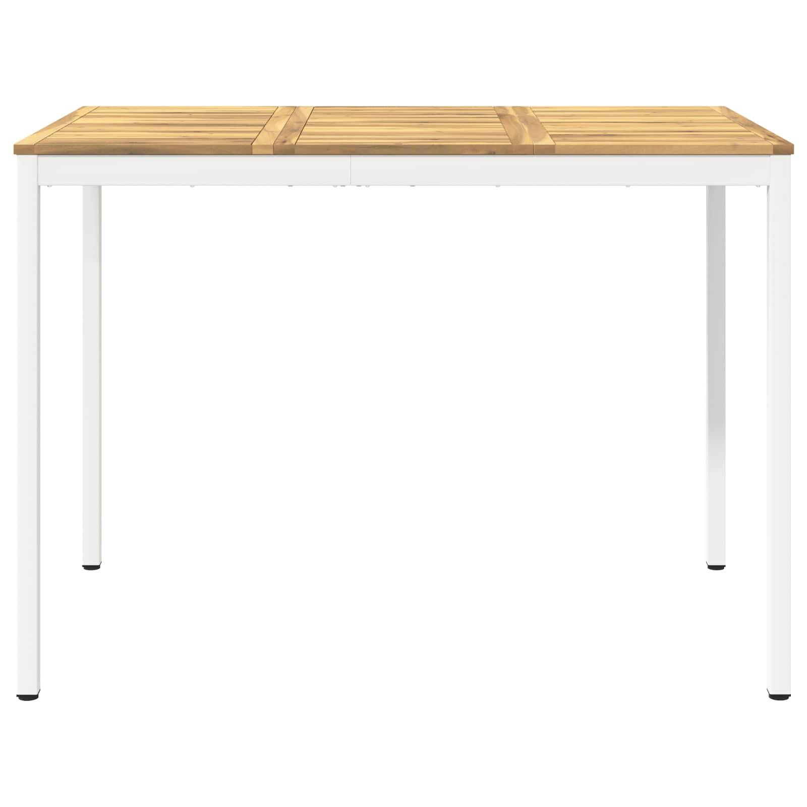 Minimalistischer rechteckiger Tisch mit einer hellen Holzplatte und weißen Metallbeinen auf weißem Hintergrund.