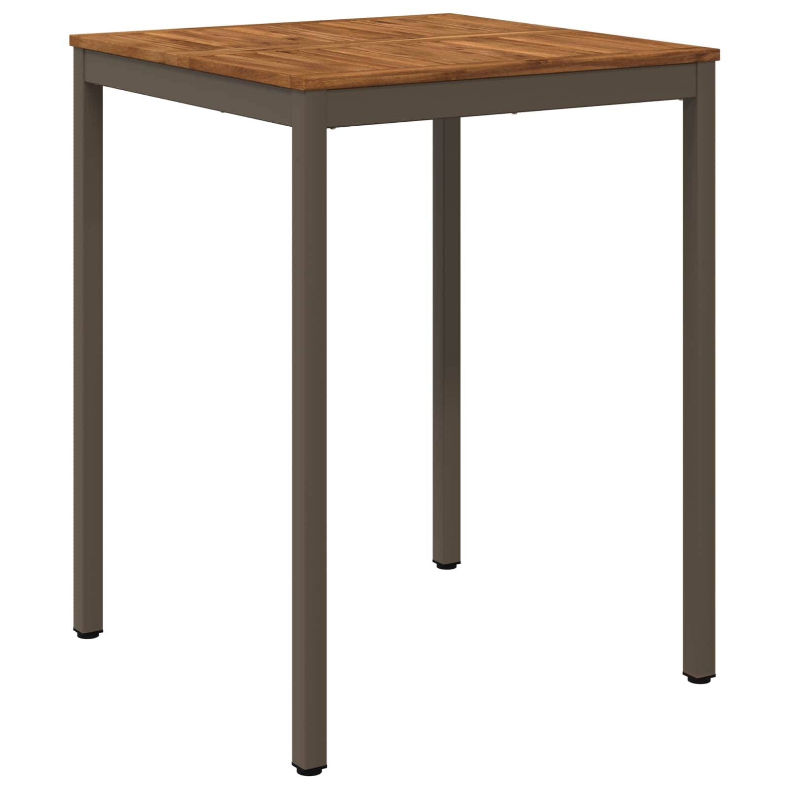 Quadratischer Holztisch mit vier dunklen Metallbeinen auf weißem Hintergrund.