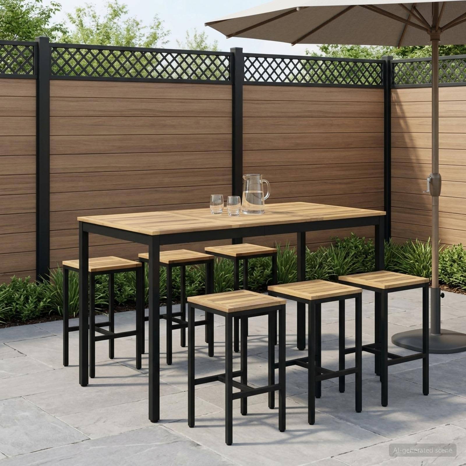 Gartenset für den Außenbereich mit einem Hochsteigetisch mit Holzplatte, fünf Hockern, Schirm und einem Sichtschutzwindschutz im Hintergrund.