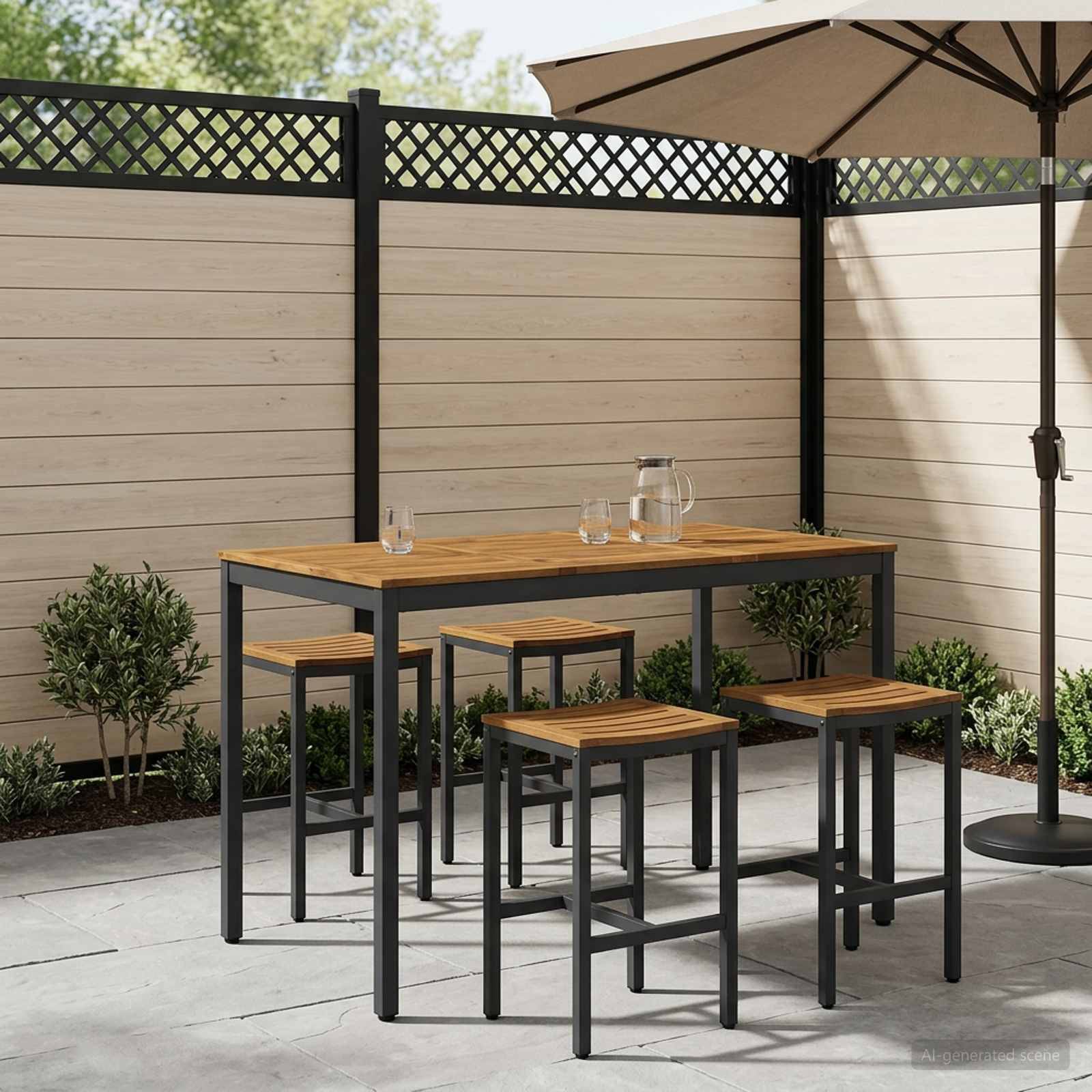 Outdoor-Essbereich auf der Terrasse mit Holztisch und vier Hockern unter einem großen Schirm neben einem Sichtschutzgitter und Topfpflanzen.