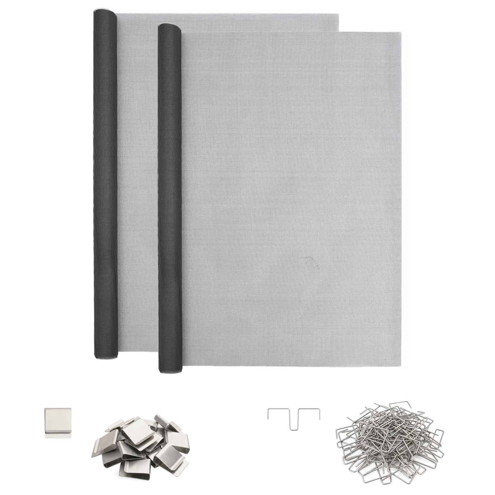 Ein hellgraues Stoff-Panel mit zwei dunklen vertikalen Rollen oder Griffen, gezeigt mit kleinen Metallbefestigungen und Klammern unten als enthaltene Teile.