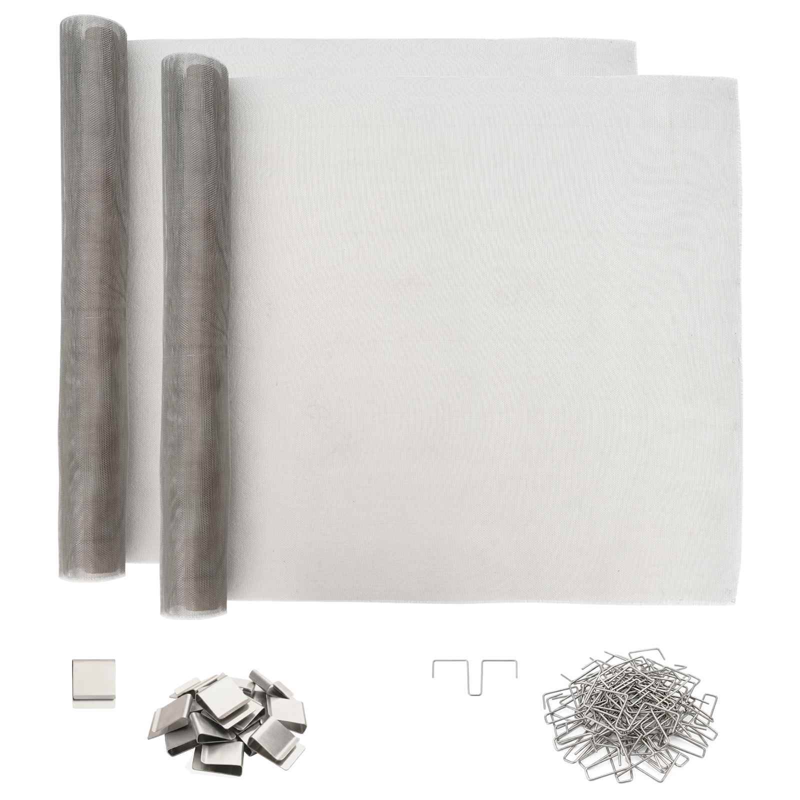 Zwei Rollen grauer Maschengewebe-Bildschirmmaterial mit im Lieferumfang enthaltenen Clips und Haken, dargestellt als Produktset.