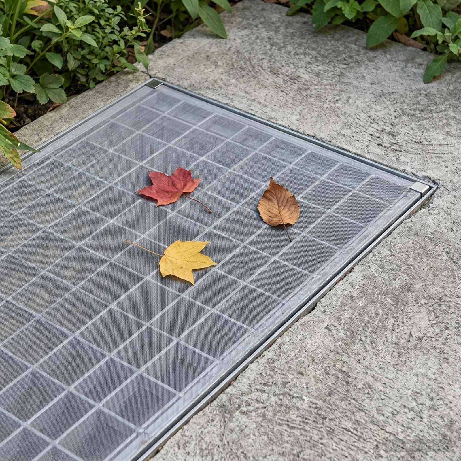 Drei Herbstblätter liegen auf einem Gitterrost-Lüftungsgitter aus Metall, das in einen Betonweg eingelassen ist, mit Grünflächen rund um den Rand.