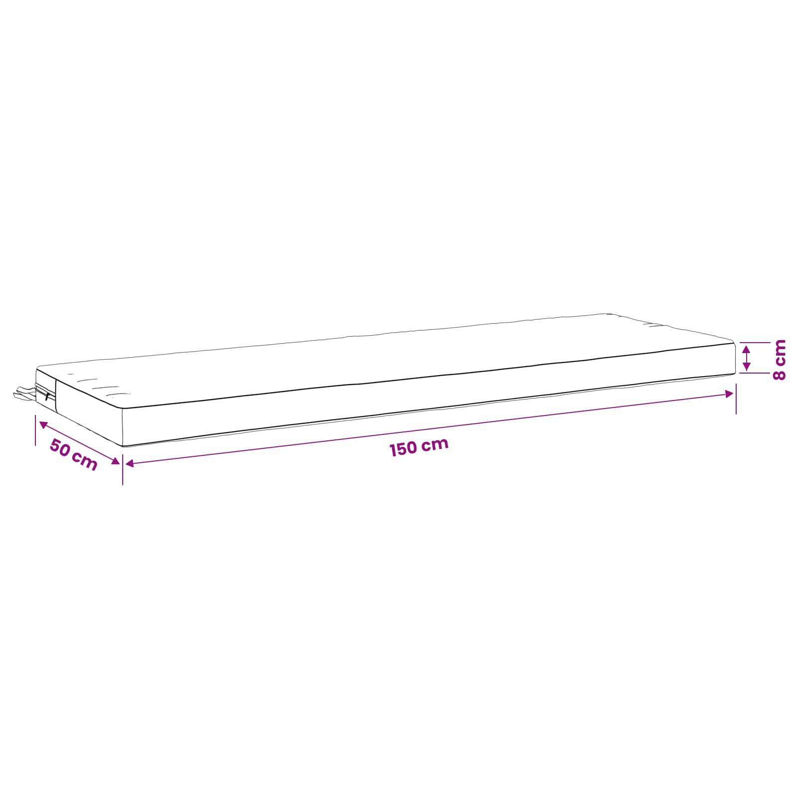 Diagramm einer rechteckigen Matratze mit den Angaben 150 cm lang, 50 cm breit und 8 cm dick.