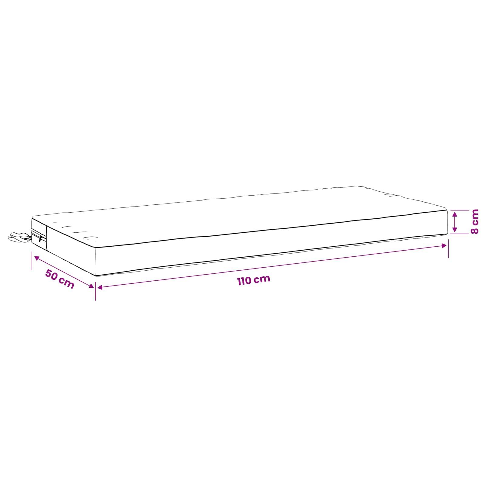 Eine rechteckige Matratze wird in Perspektive dargestellt mit den beschrifteten Abmessungen 110 cm lang, 50 cm breit und 8 cm dick.
