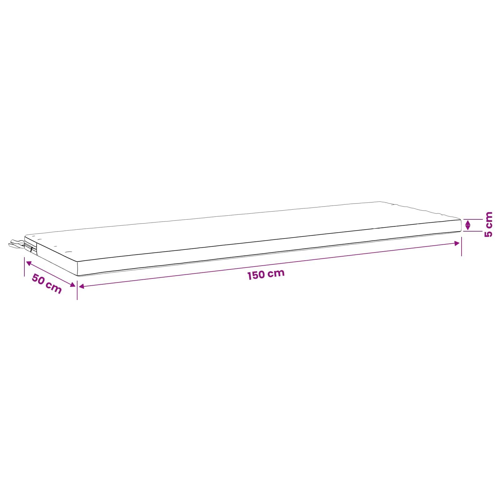 Illustration einer rechteckigen Matratze oder eines Kissens mit beschrifteten Abmessungen von 150 cm Länge, 50 cm Breite und 5 cm Dicke.