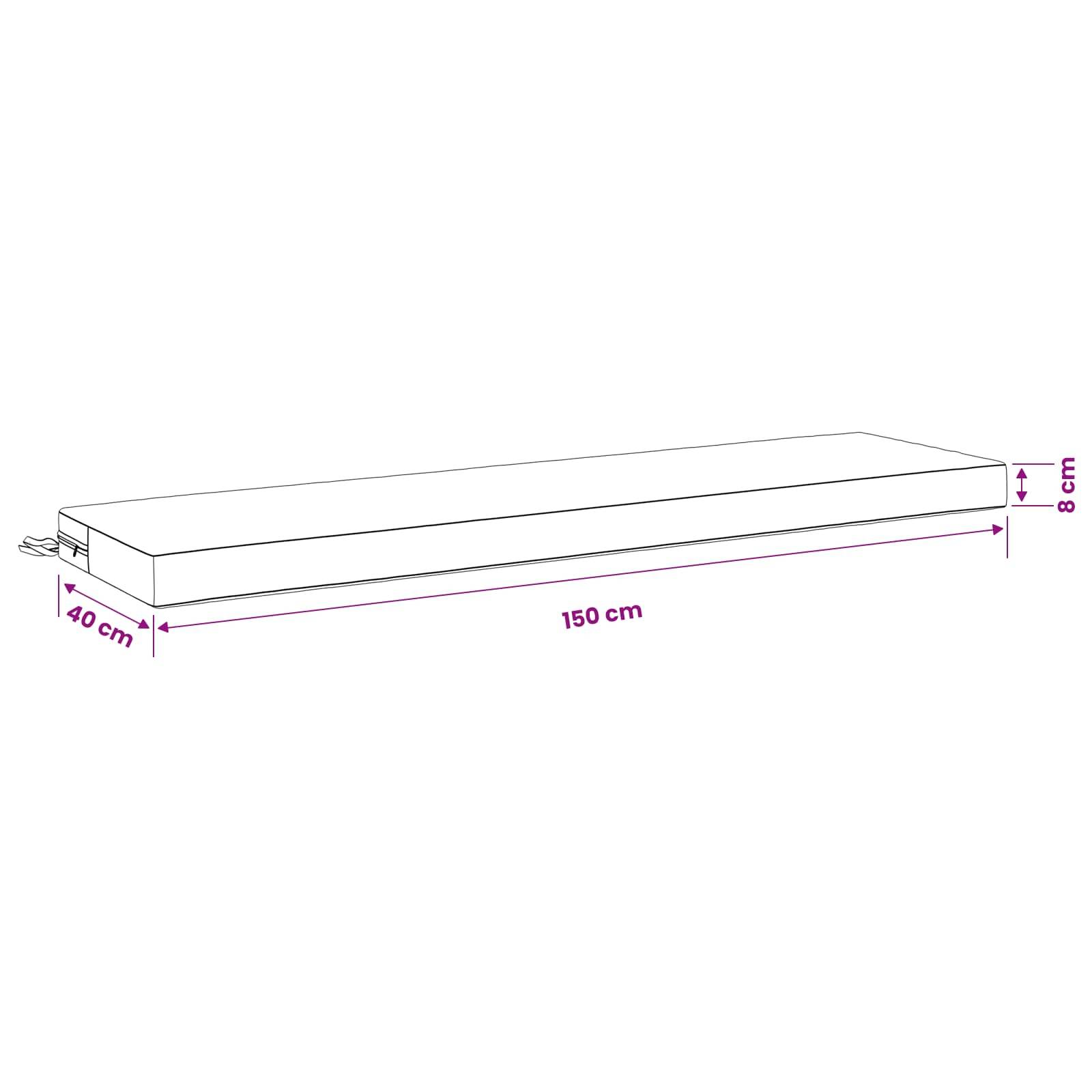 Diagramm einer langen rechteckigen Matratze oder eines Kissens mit beschrifteten Abmessungen: 150 cm lang, 40 cm breit und 8 cm hoch.