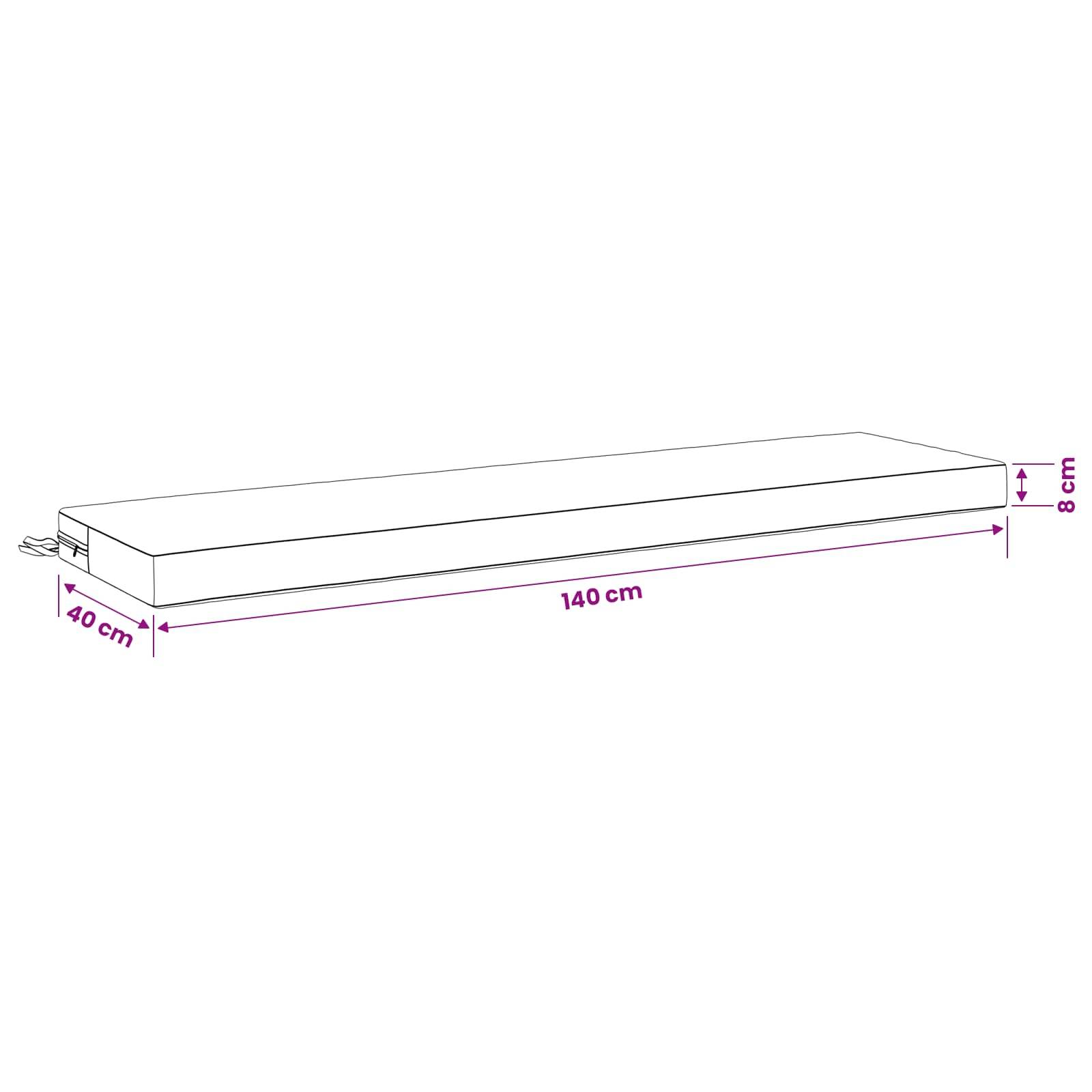 Illustration einer rechteckigen Matratze oder eines Kissens mit gekennzeichneten Abmessungen von 140 cm Länge, 40 cm Breite und 8 cm Höhe.
