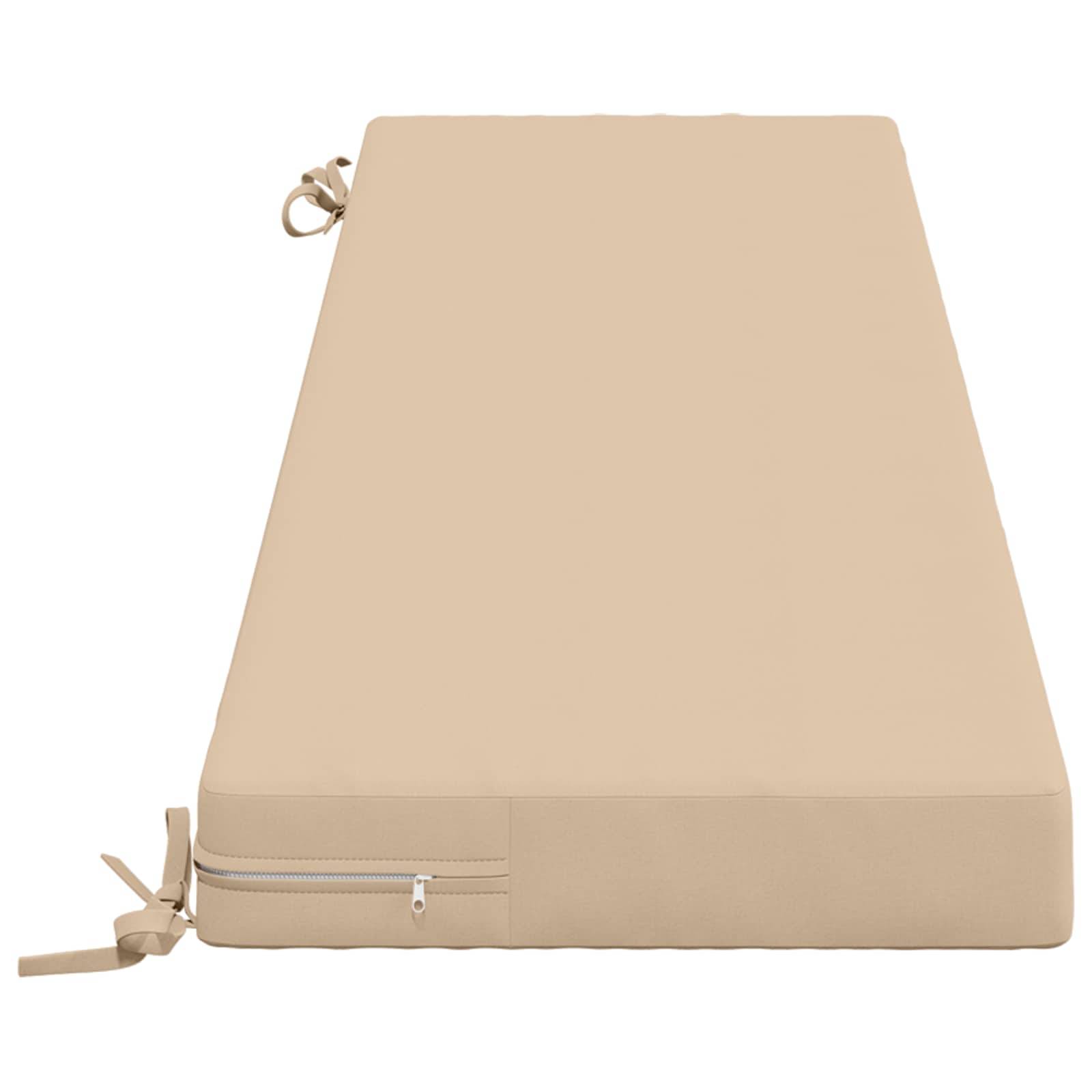 Beige zusammenklappbare Kissenmatte mit Reißverschlusstasche an der Seite und Bindebändern, abgebildet auf einfachem weißem Hintergrund.