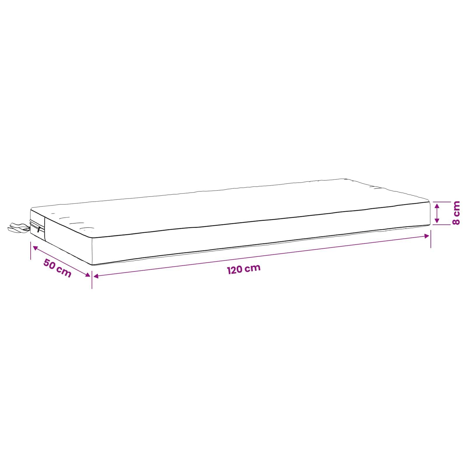 Diagramm einer rechteckigen Matratze oder eines Kissens mit den Maßen 120 cm Länge, 50 cm Breite und 8 cm Dicke, dargestellt in Perspektive.