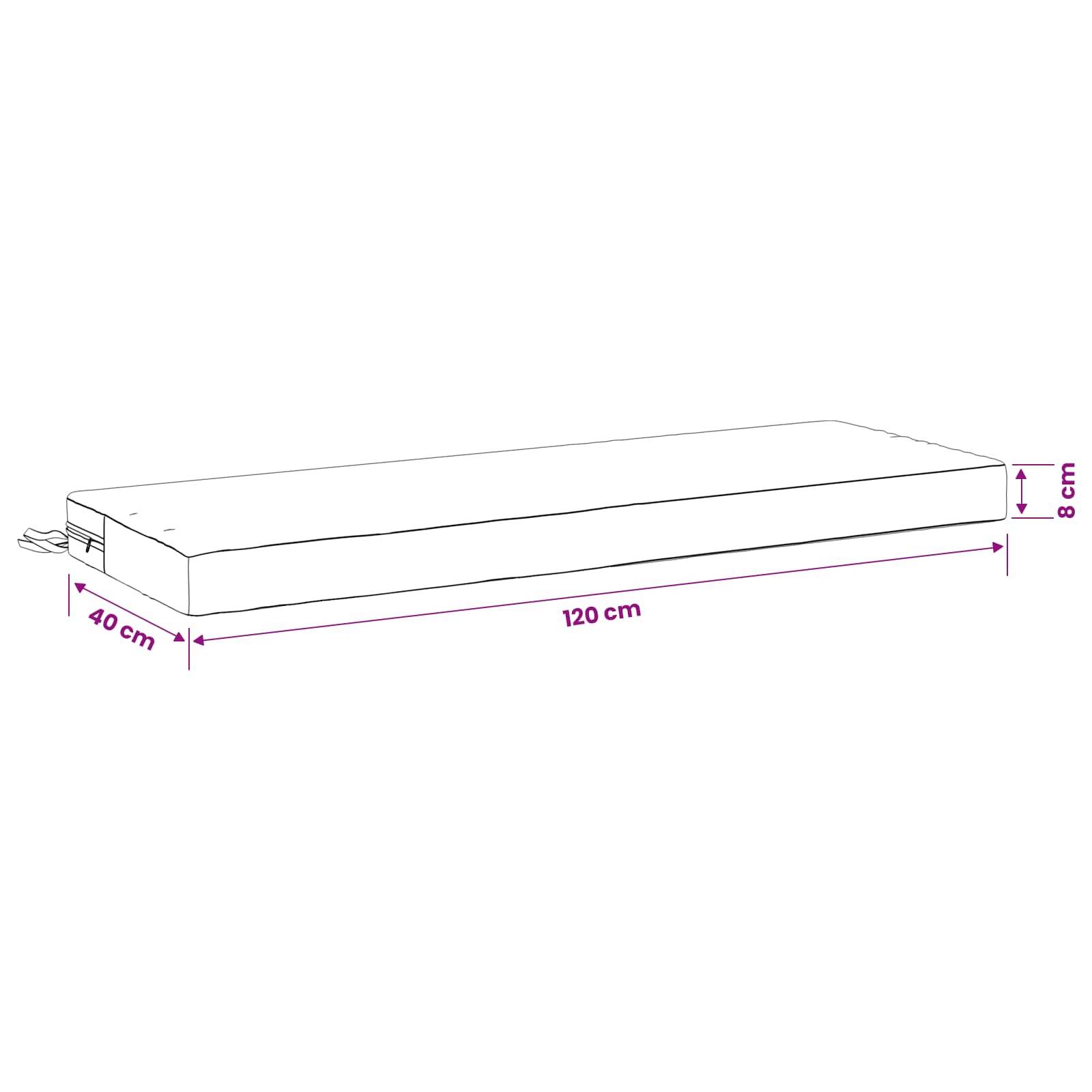 Flache rechteckige Matratze mit den angegebenen Abmessungen 120 cm lang, 40 cm breit und 8 cm dick.