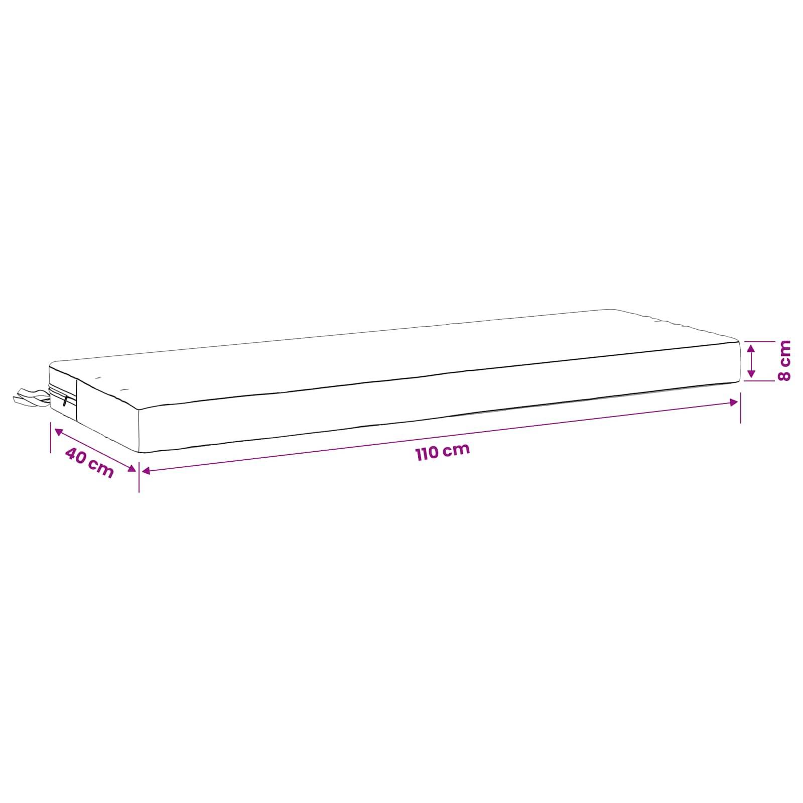 Diagramm einer rechteckigen Matratze oder eines Kissens mit den Abmessungen 110 cm Länge, 40 cm Breite und 8 cm Höhe.