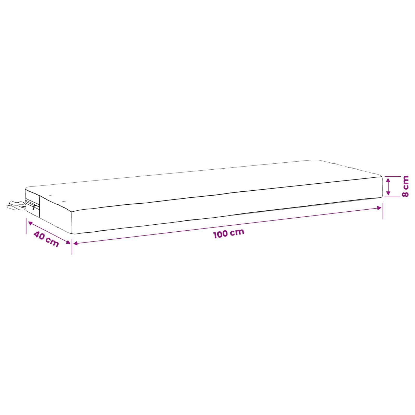 Diagramm einer rechteckigen Matratze oder eines Kissens mit den Maßen 100 cm Länge, 40 cm Breite und 8 cm Höhe, mit einem Kabel, das aus einem Ende herausragt.