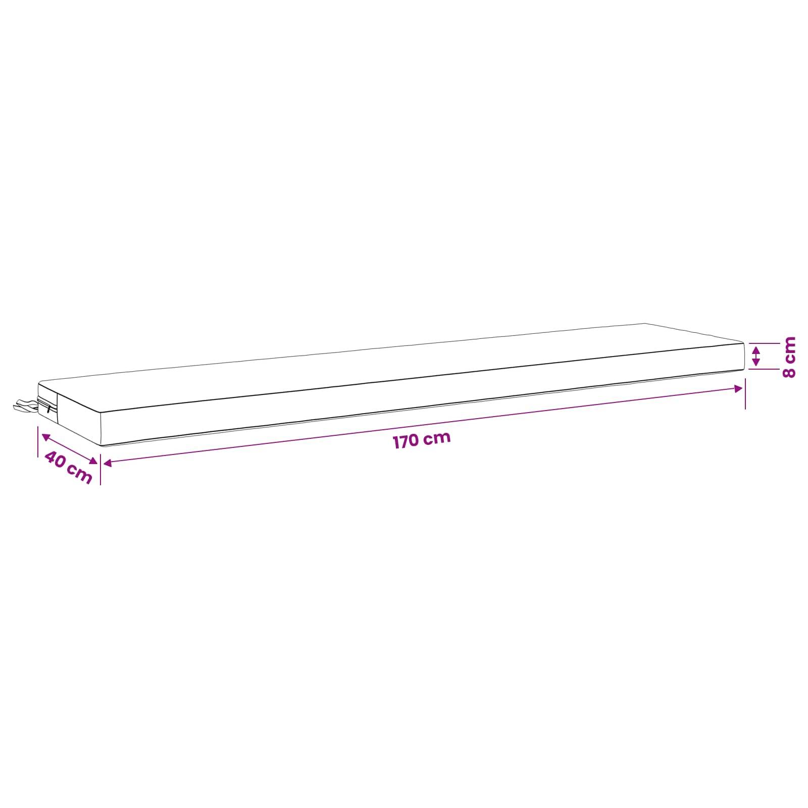 Diagramm einer rechteckigen Matratze oder Schaumstoffkissen mit Abmessungen: 170 cm lang, 40 cm breit und 8 cm dick.