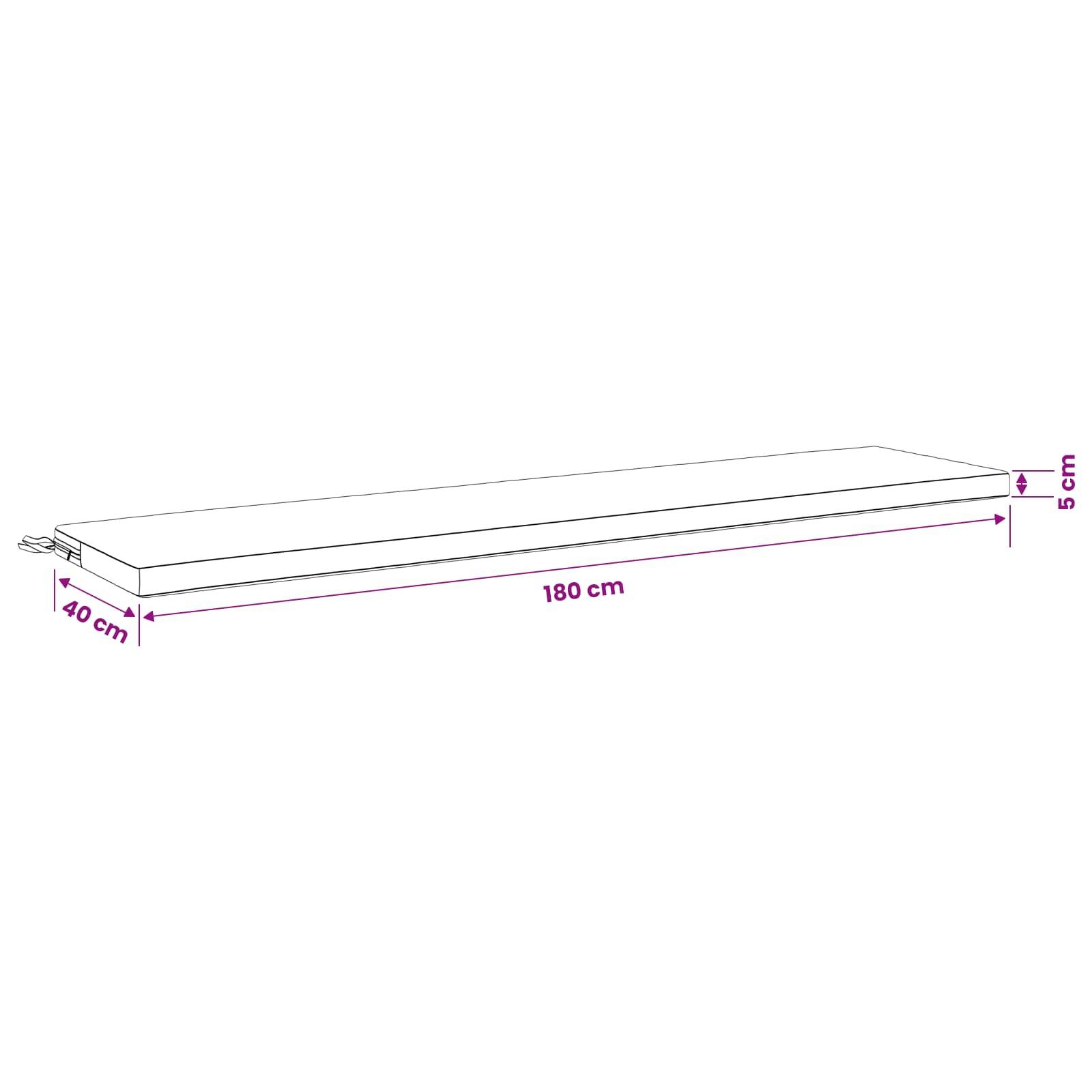 Dünne rechteckige Matratze oder Polster mit den Abmessungen 180 cm Länge, 40 cm Breite und 5 cm Dicke in einem einfachen Abmessungsdiagramm.