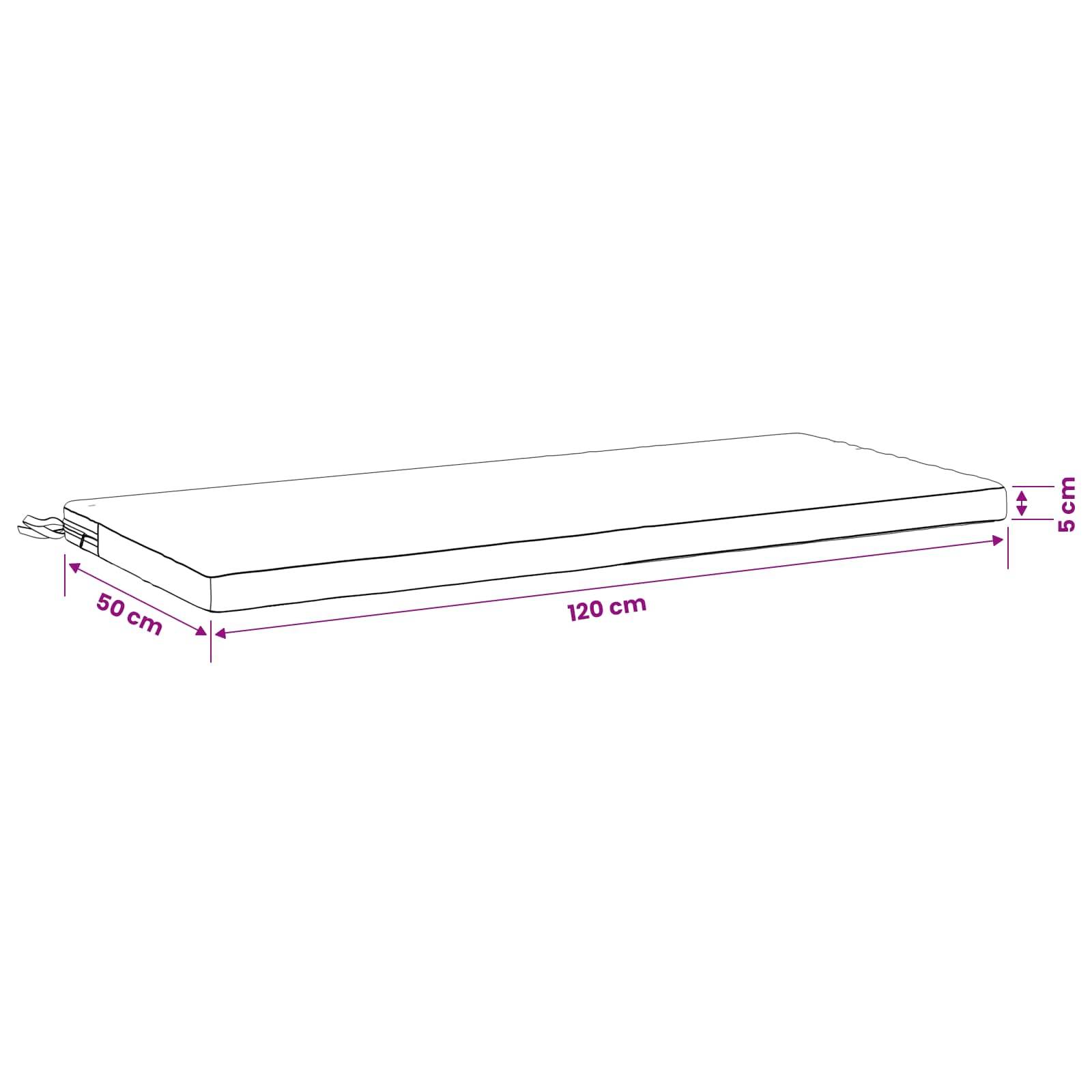 Abbildung einer rechteckigen Matratze oder eines Kissens mit den Maßen 120 cm Länge, 50 cm Breite und 5 cm Dicke.