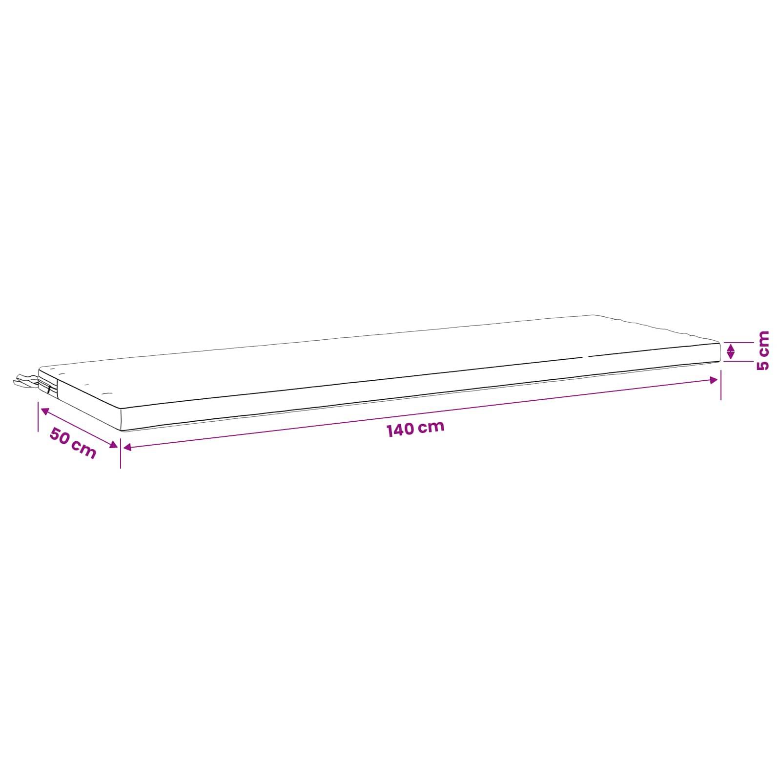 Diagramm einer flachen rechteckigen Matratze oder eines Polsters mit den Maßen 140 cm Länge, 50 cm Breite und 5 cm Dicke.