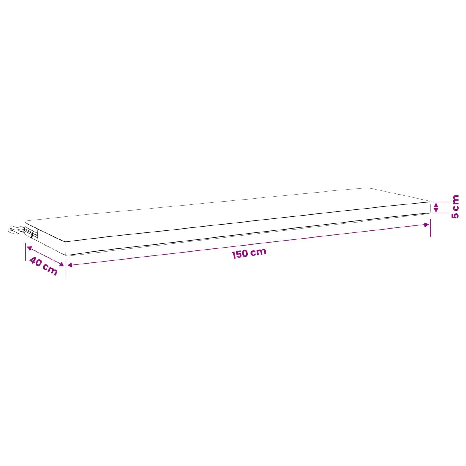 Diagramm einer rechteckigen Matratze, beschriftet mit 150 cm Länge, 40 cm Breite und 5 cm Dicke.