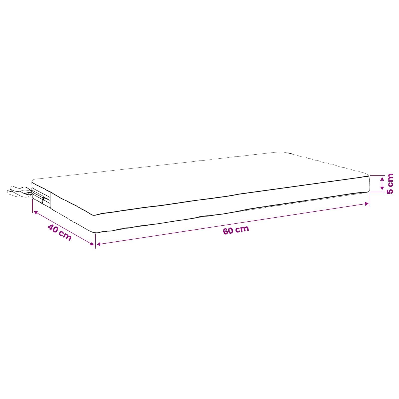 Diagramm eines rechteckigen Kissens/Matratzenkissens mit den Maßen: 60 cm Länge, 40 cm Breite und 5 cm Dicke, wobei die Abmessungen angezeigt werden.