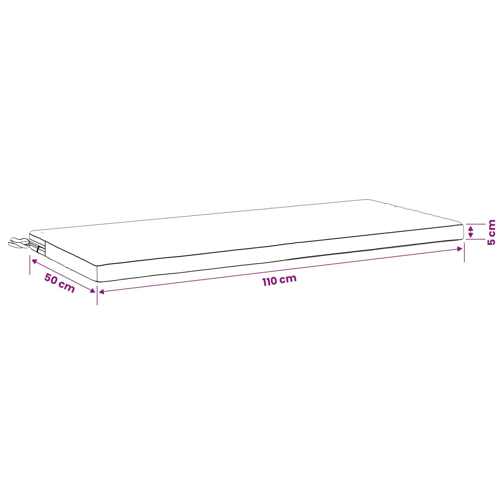 Maßstabgetreue Zeichnung einer rechteckigen Matratze oder eines Kissens, gekennzeichnet mit 110 cm Länge, 50 cm Breite und 5 cm Dicke.