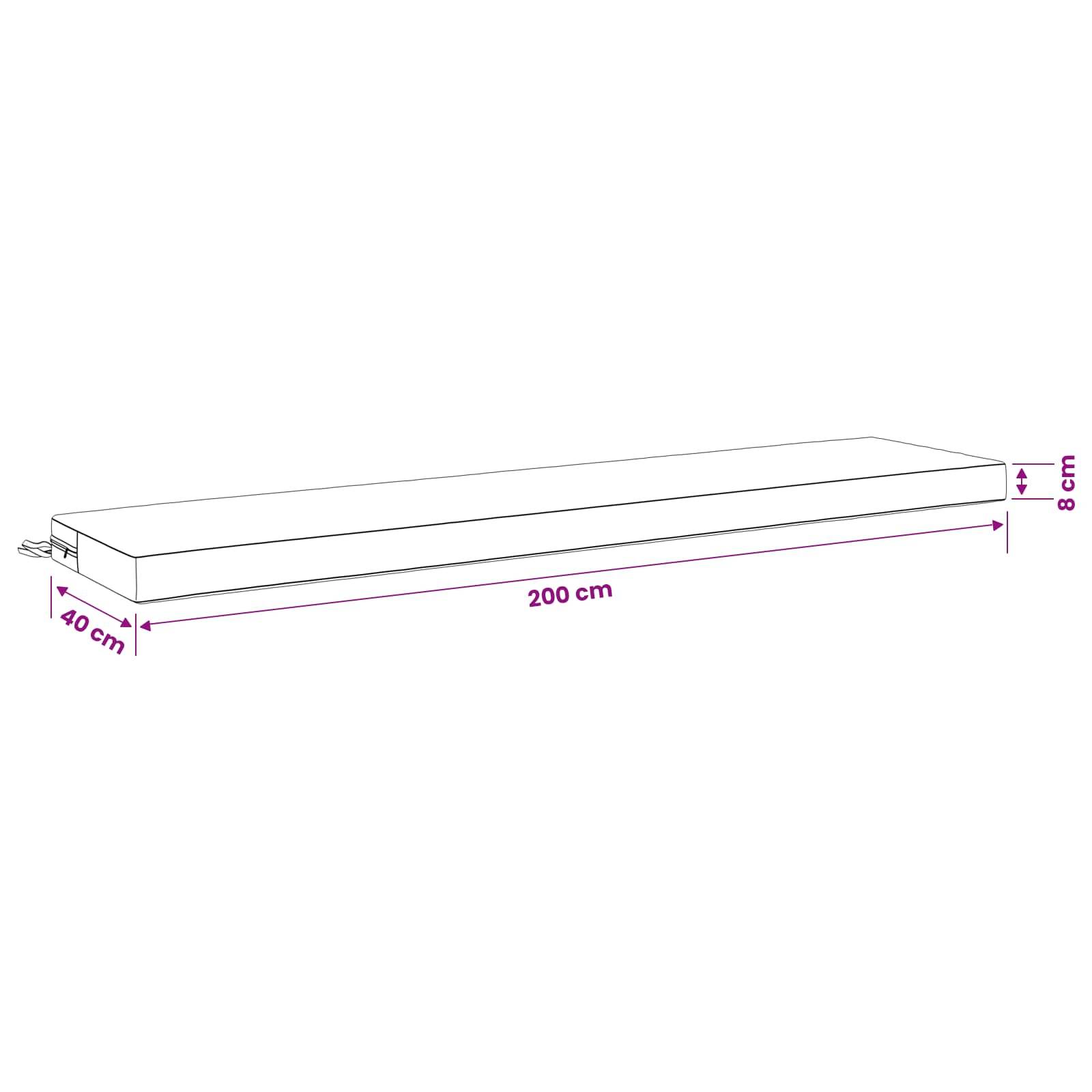 Diagramm einer rechteckigen Matratze oder eines Kissens mit den Abmessungen 200 cm lang, 40 cm breit und 8 cm dick.